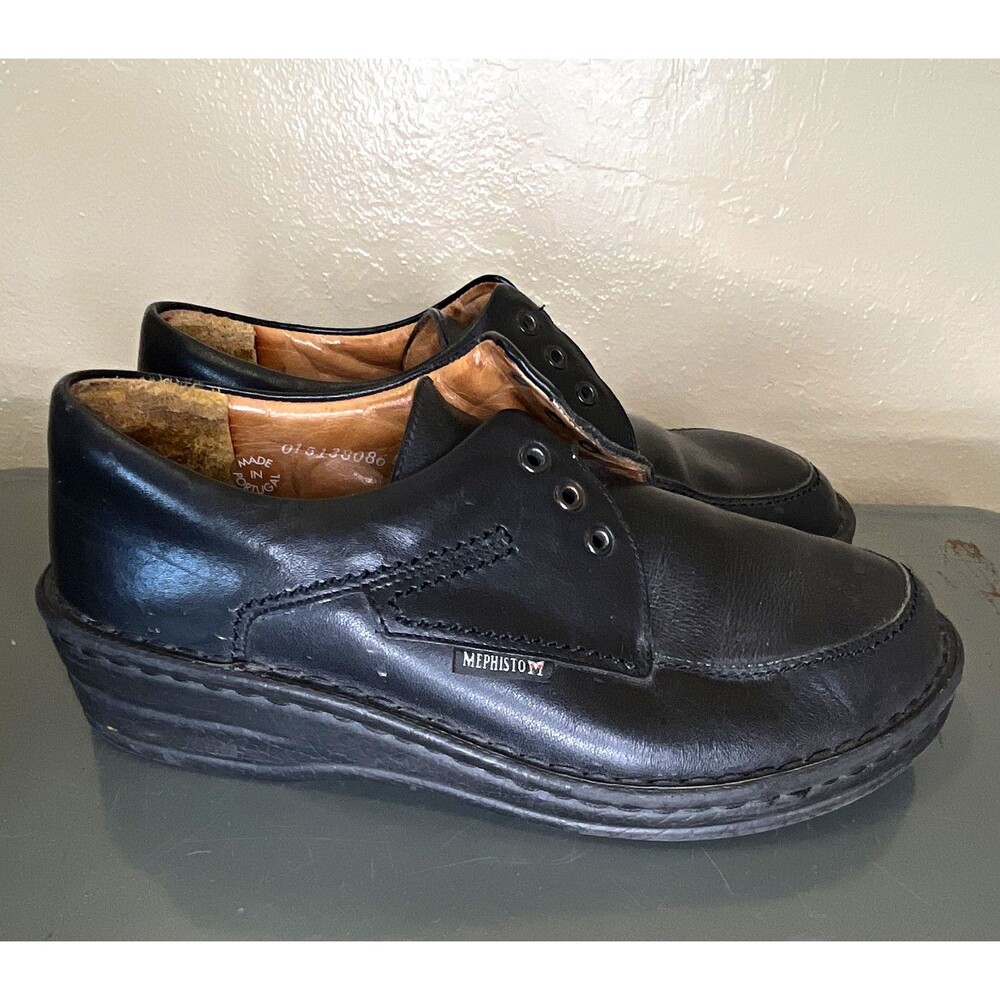 Mephisto Black Leather Lace-Up Moc Toe Comfort Wedge Logo EU 38.5 US Womens 7.5